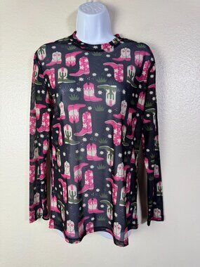 turquoise haven Cowgirl Boot Cactus Long Sleeve Top Western size Large Novelty